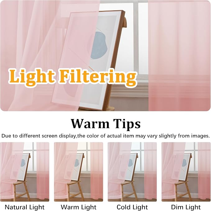 Gwine Blush Pink Sheer Curtain Tiers 24 Inch Length, Light Filtering Voile - Image 6