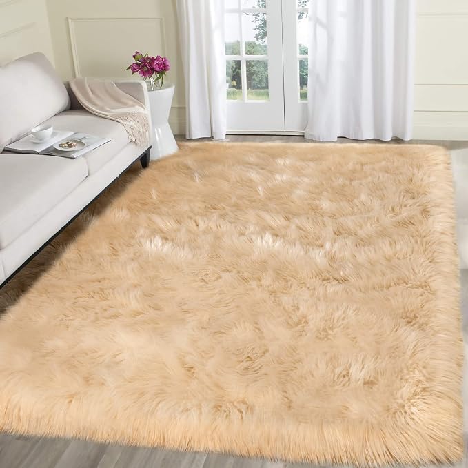 SERISSA Ultra Soft Faux Fur Rug 6x9 Feet, Fluffy Shaggy Area Rug Beige Faux - Image 2