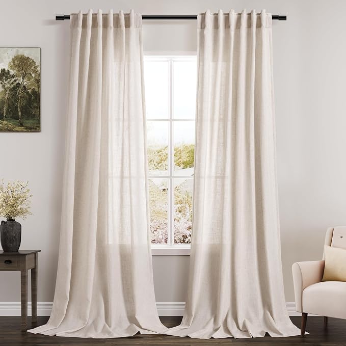 Linen Beige Curtains Back Tab Sheer Curtains 90 Inches Long by Nanspring