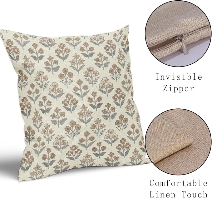 Brown Grey Gray Floral Pillow Covers 22x22 Inch Set of 2, Vintage Flower Block - Image 4
