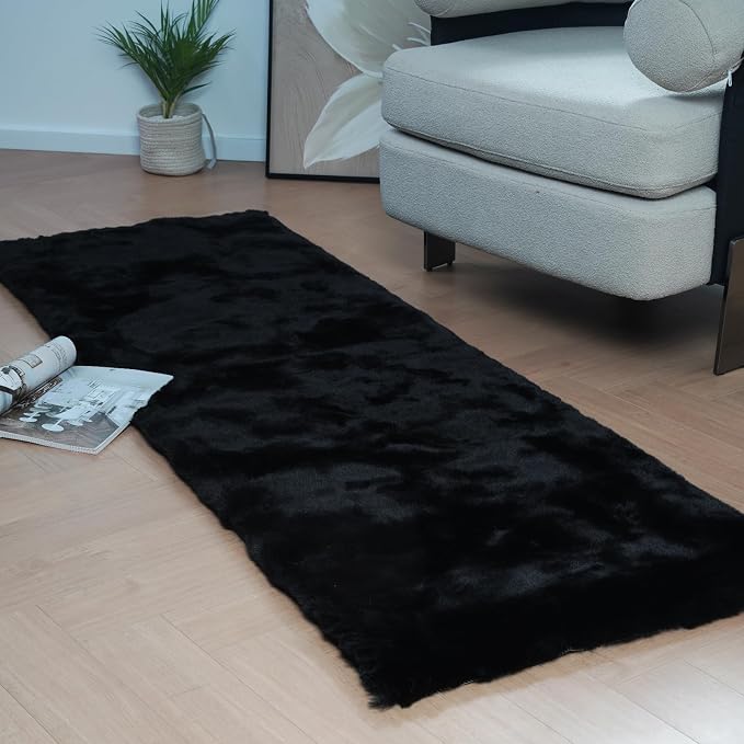 Latepis 2x6 Rug Runner Black Fluffy Area Rug Washable Faux Rabbit Fur Plush - Image 2
