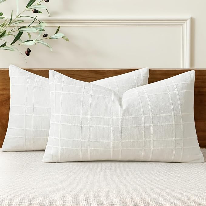 MIULEE Decorative Linen Check Lumar Throw Pillow Covers Neutral Farmhouse by MIULEE