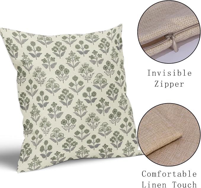 Green Grey Gray Floral Block Print Pillow Covers 18x18 Inch Set of 2, Vintage - Image 4