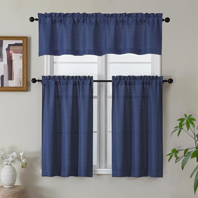 Gwine Blue Valance for Windows, Light Filtering Faux Linen Textured Kitchen - Image 2