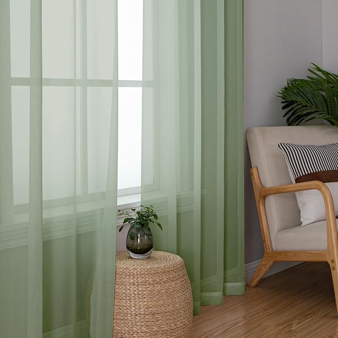 Aiyufeng Sage Green Sheer Curtains 96 Inch Length 2 PCS, Rod Pocket Voile Drapes - Image 3