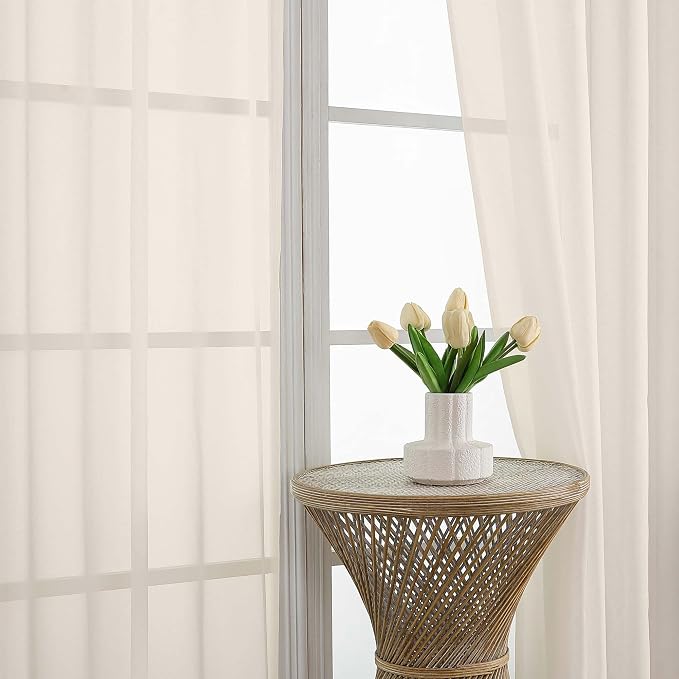 OVZME Cream Sheer Curtains 63 Inches Long 2 Panels Set, Light Filtering Sheer - Image 3