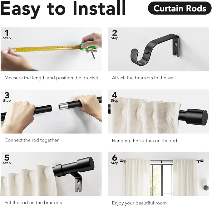 Extra Long Curtain Rods for Windows 32 to 240 Inch, 1 Inch Black Heavy Duty - Image 6