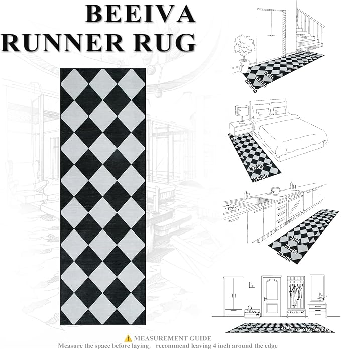 Beeiva Checkered Print Runners for Hallways 2.5x8, Ultra Thin Black Kitchen - Image 7