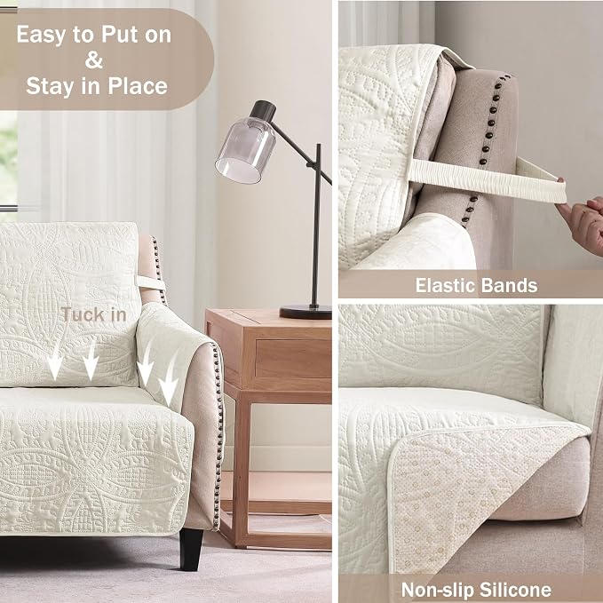 Ivory White Loveseat Couch Cover 2 Cushion Sofa, Water-Repellent Sofa Slipcover - Image 5