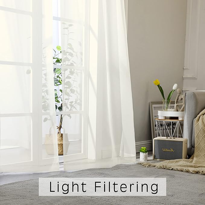 OWENIE Sheer Curtains 63 inch Length, Ivory Sheer Cutains 2 Panels Set - Image 2