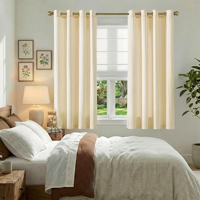 jinchan Linen Curtains for Living Room Yellow Vertical Striped on White - Image 2