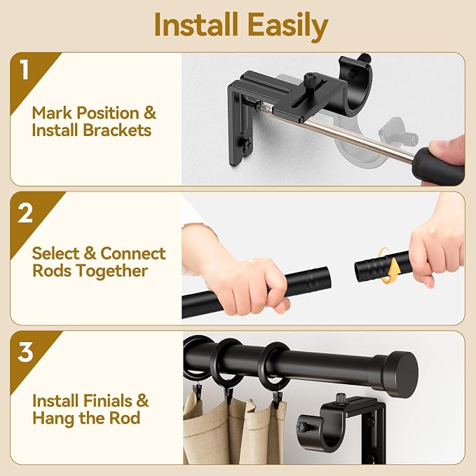 YaFex Curtain Rods 32-118 Inch, Heavy Duty 1 Inch Adjustable Curtain Rod - Image 8