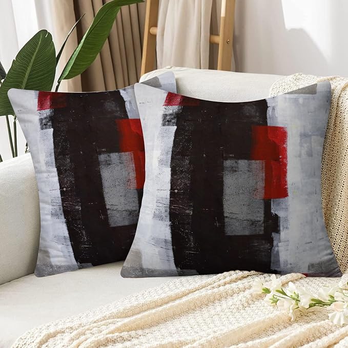 Red and Grey Pillow Cover, Modern Black White Decorative Throw Pillow Cushion - Image 5