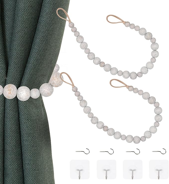 OCIOLI 2 Pieces Wood Bead Curtain Tieback Boho Curtain Tiebacks Curtain by OCIOLI