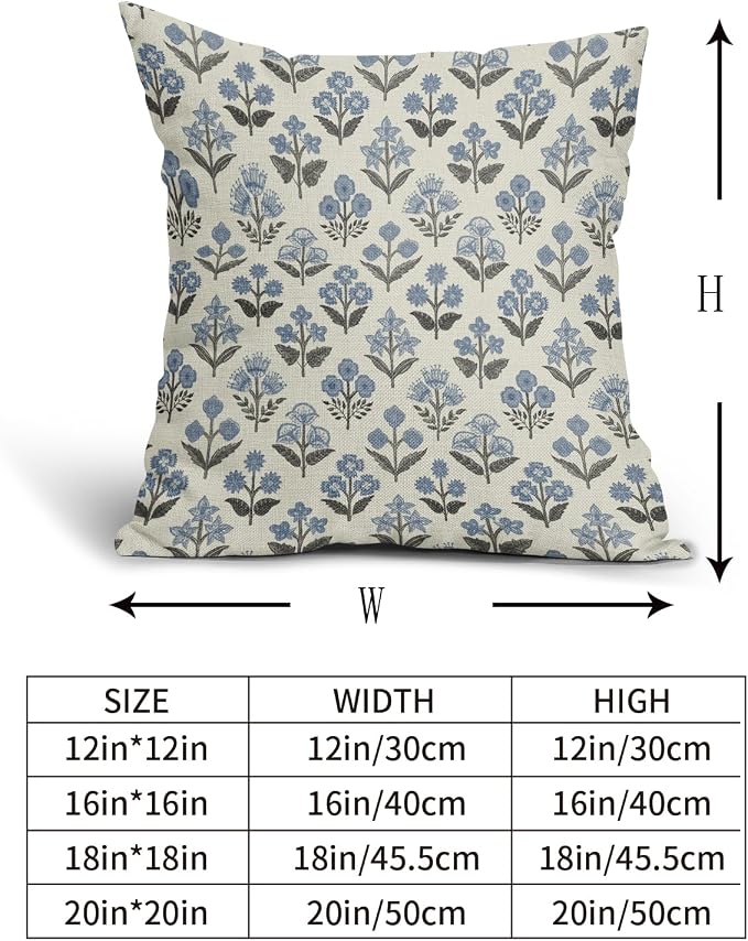Black Blue Floral Block Print Pillow Covers 20x20 Inch Set of 2, Vintage Flower - Image 5