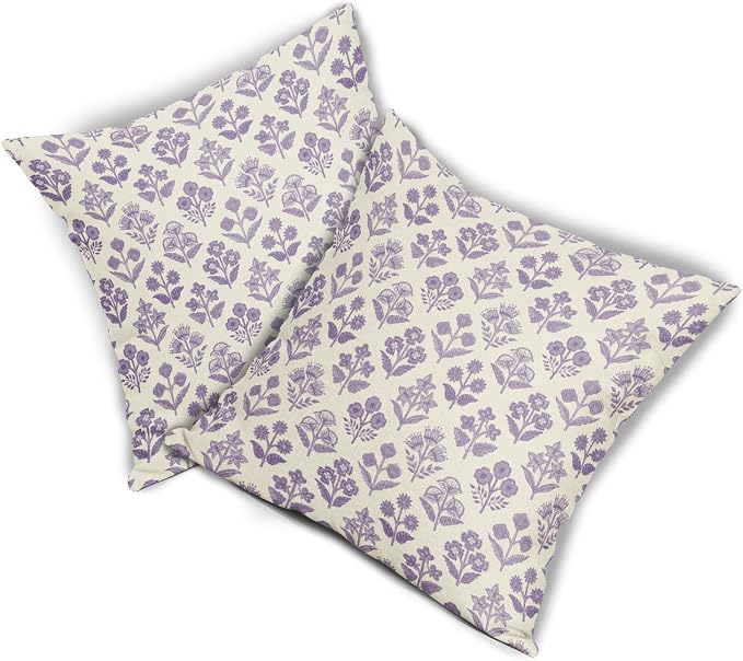Purple Floral Block Print Pillow Covers 18x18 Inch Set of 2, Vintage Flower - Image 8