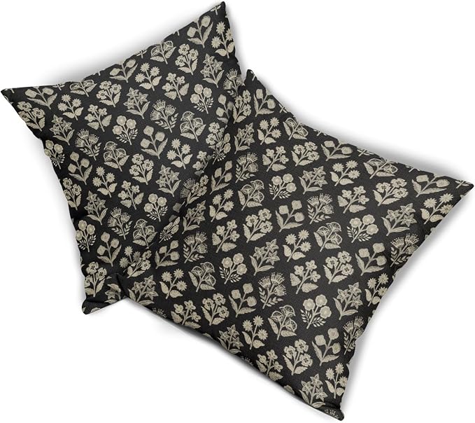 Black Floral Block Print Pillow Covers 18x18 Inch Set of 2, Vintage Flower - Image 8
