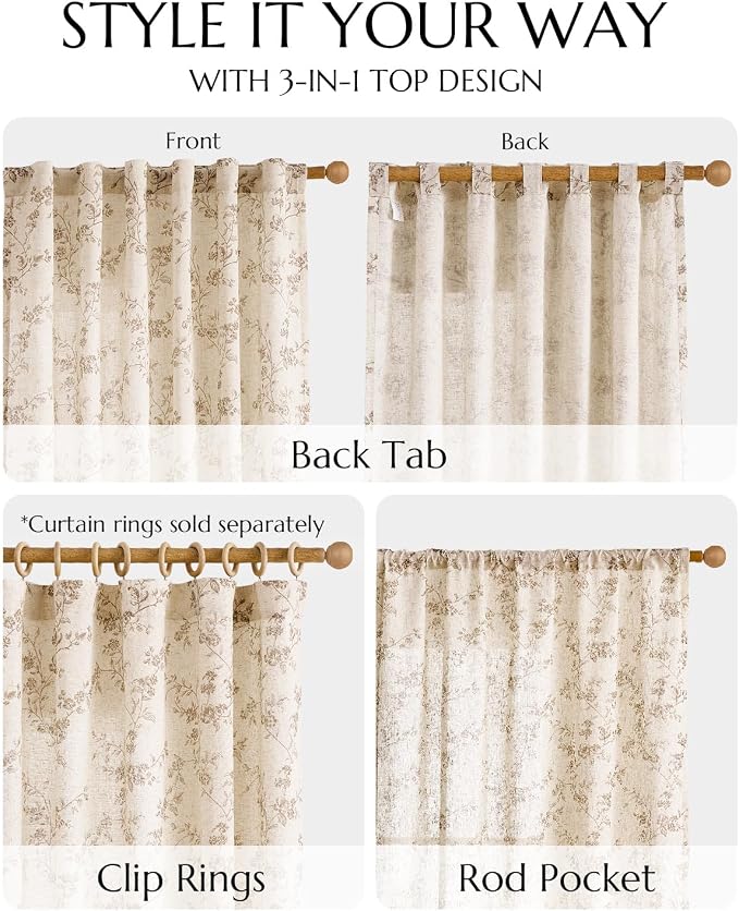 jinchan Linen Floral Curtains for Living Room 63 Inch Length Taupe Printed - Image 8