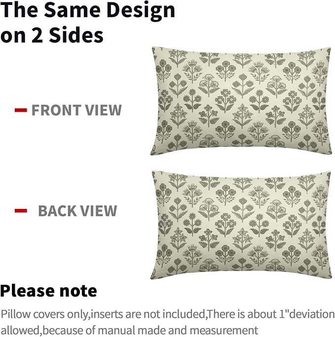 Olive Green Floral Pillow Covers 12x20 Inch Set of 2, Block Print Lumbar Flower - Image 4