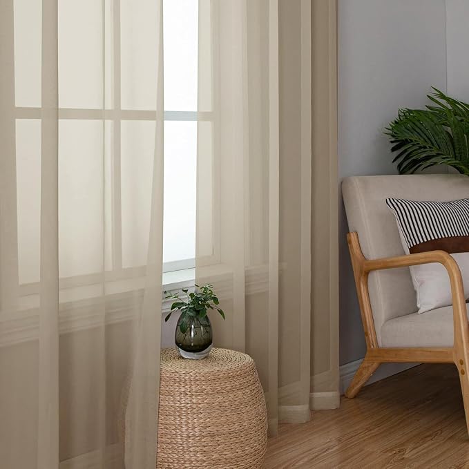 Aiyufeng Taupe Sheer Curtains 96 Inches Long 2 Panels Set, Semi Transparent - Image 2