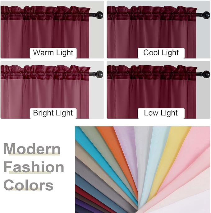 Burgundy Kitchen Curtains 30 Inch Length Tier 2 PCS, Solid Soft Airy Half - Image 5