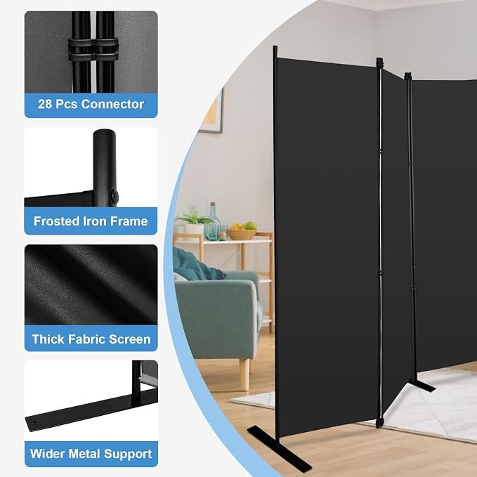 MAYOLIAH 8-Panel Black Room Divider 6ft Tall Folding Privacy Screen Portable - Image 3