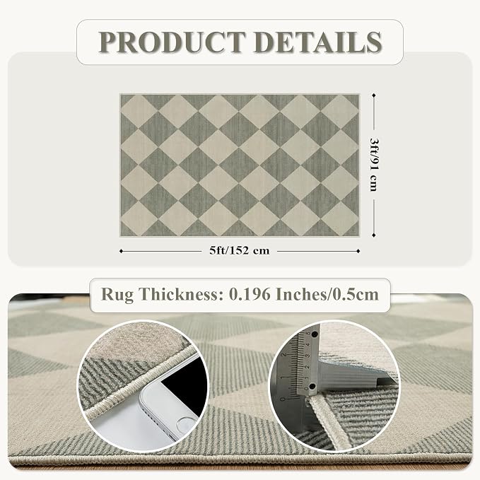 Beeiva Checkered Print Bedroom Area Rug 3x5, Non Slip Ultra Thin Washable - Image 2