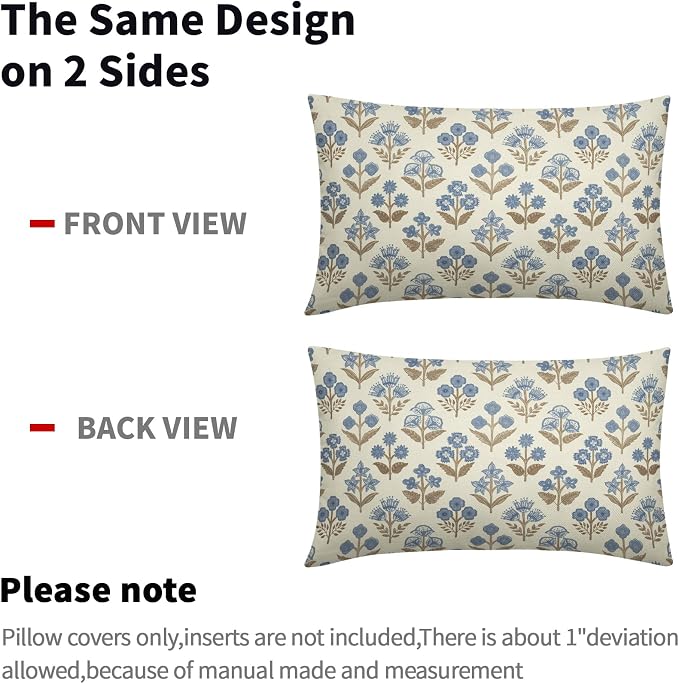 Brown Blue Floral Pillow Covers 12x20 Inch Set of 2, Block Print Lumbar Flower - Image 4