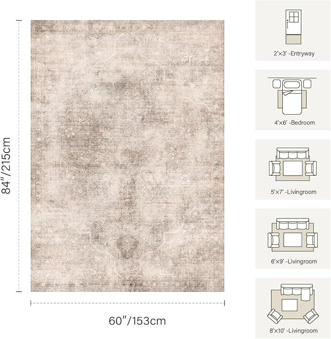Vintage 8x10 Beige Brown Rug for Living Room, Washable Large Neutral Area Rugs - Image 2