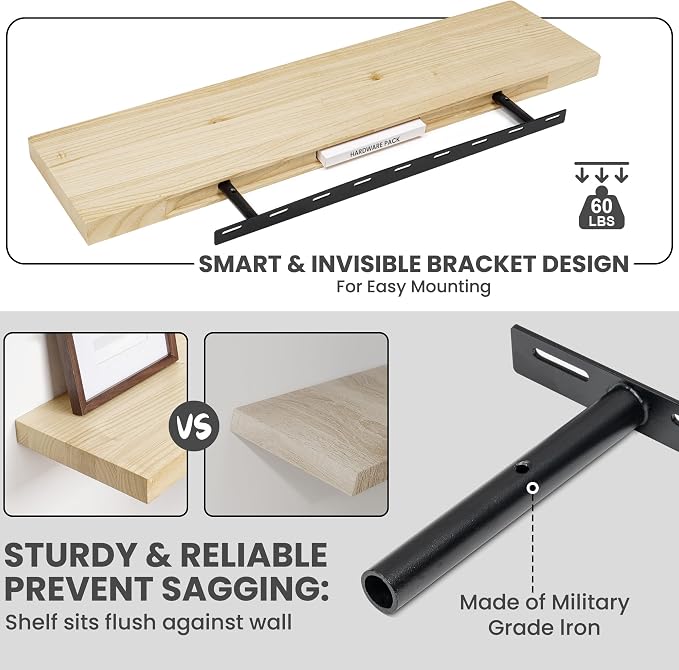 Solid Wood Floating Shelves For Wall, 36”W x 9”D x 1.56”H Large Wall Shelves - Image 7