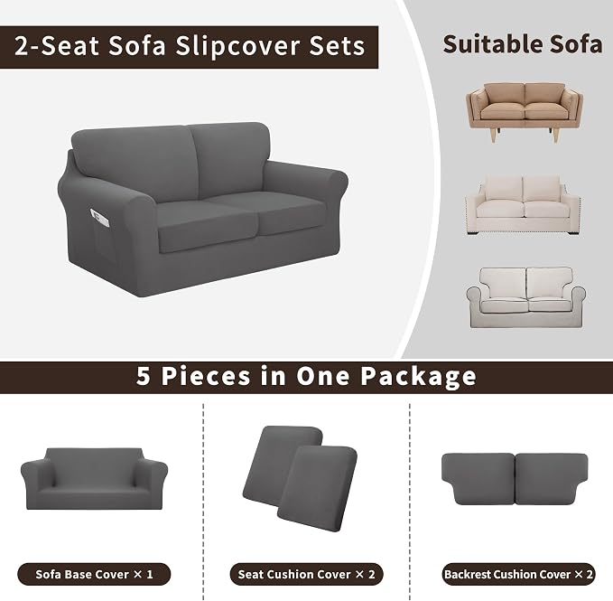 Easy-Going 5 Pieces Stretch Loveseat Cover Washable Loveseat Slipcover Set - Image 3