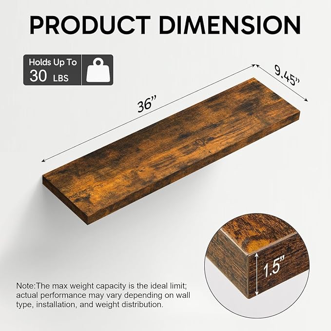 BAYKA Floating Shelves for Wall, 36 inches Wall Mounted Wood Shelves for - Image 3