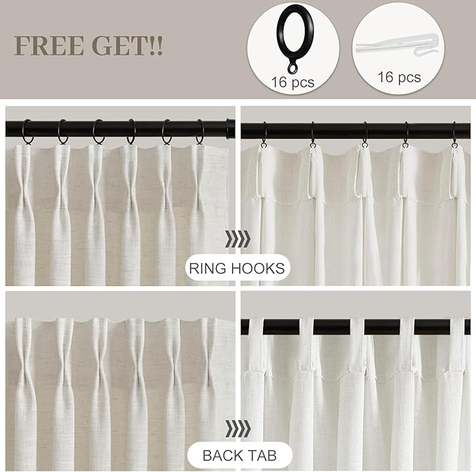 96 Inch Linen Curtains for Living Room, Light Filtering Pinch Pleated Semi - Image 3