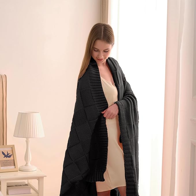CozeCube Check Knit Throw Blanket, Jet Black Checkered Throw - Image 2