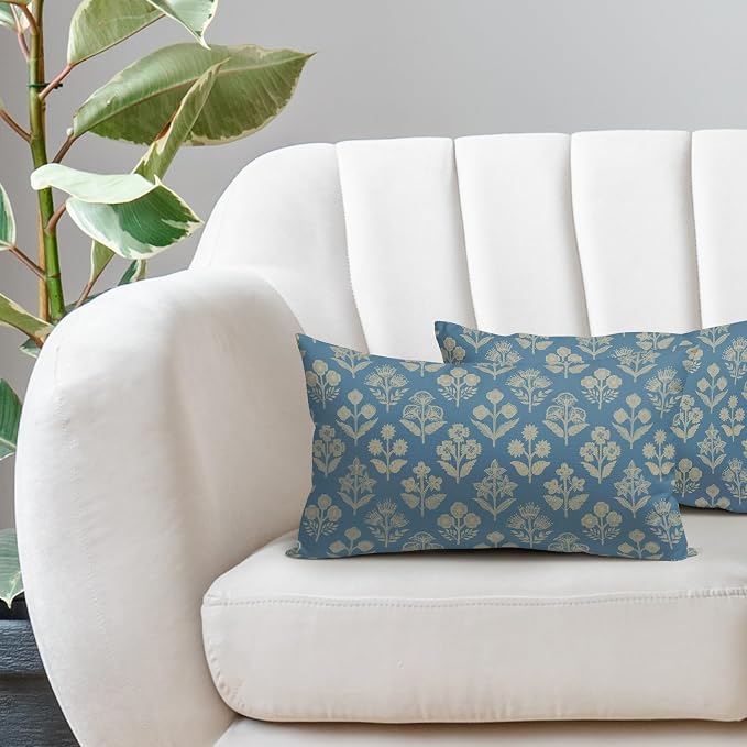 Light Blue Pillow Covers 12x20 Inch Set of 2, Cream Floral Block Print Pattern - Image 5