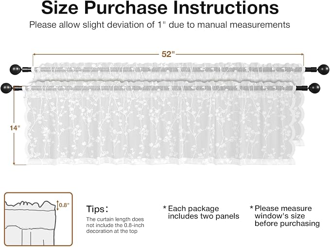 Rinwoc White Lace Semi-Sheer Valance Curtains – Privacy Light Filtering Rod - Image 2