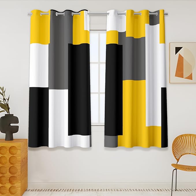 Tyrot Yellow 100% Blackout Curtains 45 inch Length 2 Panels Set Black White by TyrotHomeDecor