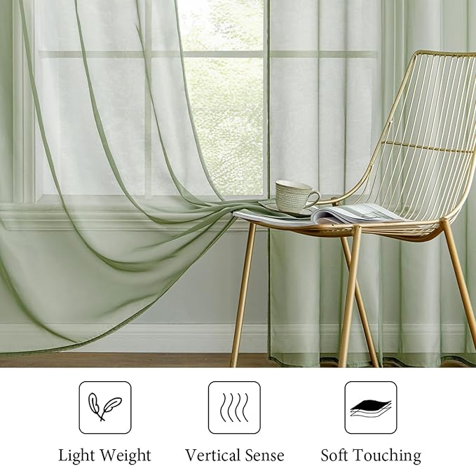 MIULEE 2 Panels Sage Green Sheer Curtains 90 inches Long Window Curtains Rod - Image 4