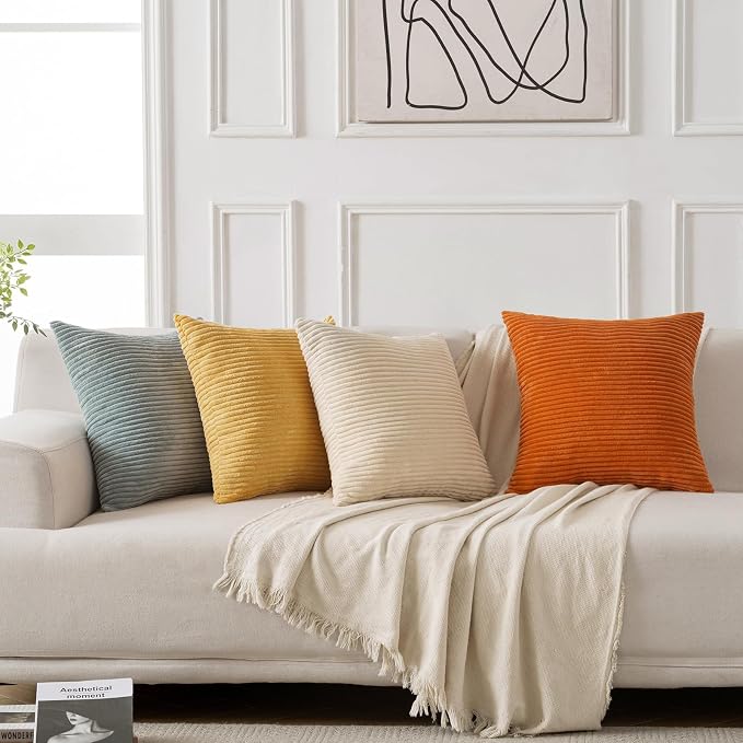 Volcanics Set of 4 Orange Teal Corduroy Decorative Couch Throw Pillow Covers - Image 6