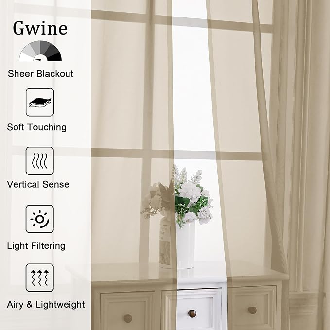 Gwine Taupe Sheer Curtains 90 Inches Long 2 Panels Set, Light Filtering Solid - Image 2