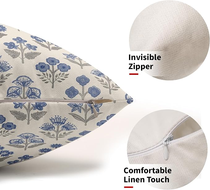 Blue Grey Gray Floral Pillow Covers 12x20 Inch Set of 2, Block Print Lumbar - Image 2