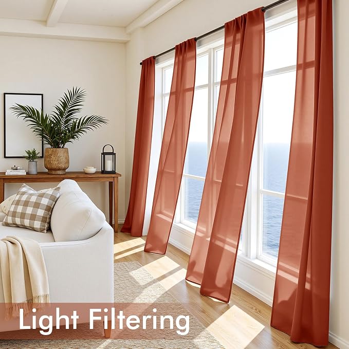 MIULEE Burnt Orange Sheer Curtains 63 Inches Long, 4 Panels Set, Light - Image 4