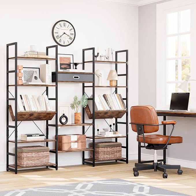 NUMENN Bookcases and Bookshelves Triple Wide 5 Tier Bookshelf, Large Etagere - Image 4