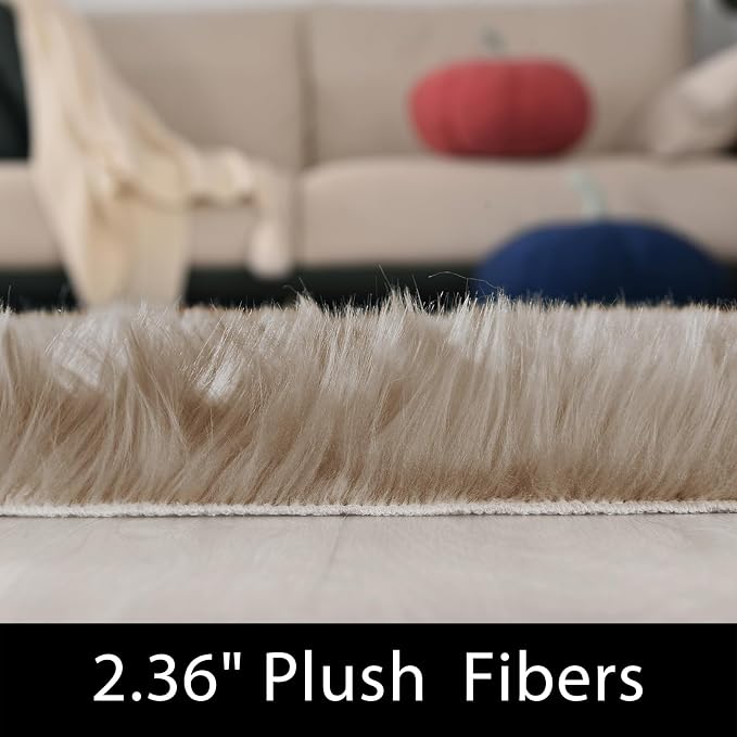 Latepis Large Round Rugs 6ft Light Brown Beige Circle Faux Sheepskin Rug Fluffy - Image 3