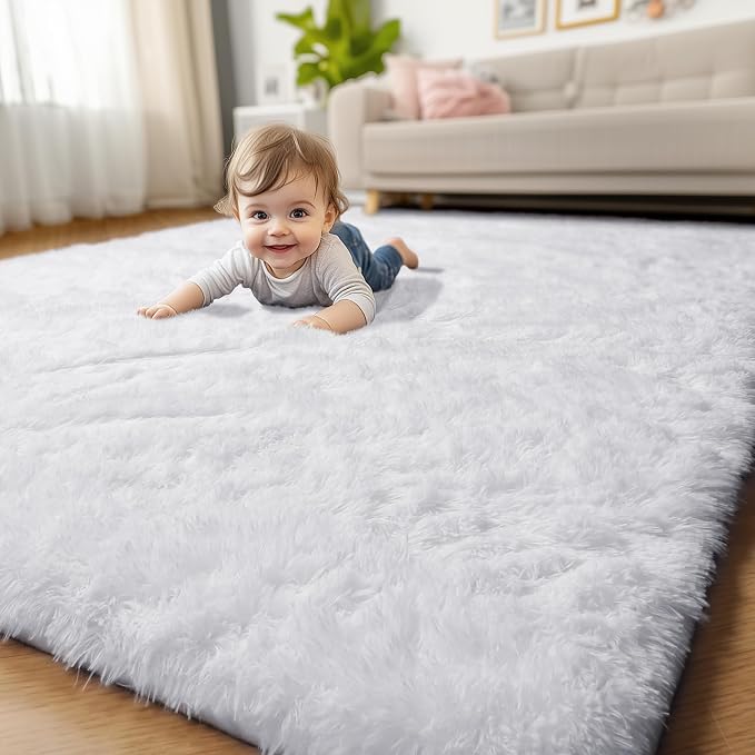 White Runner Area Rugs for Bedroom, Shag Fluffy Bedside Rug for Living Room by Amdrebio