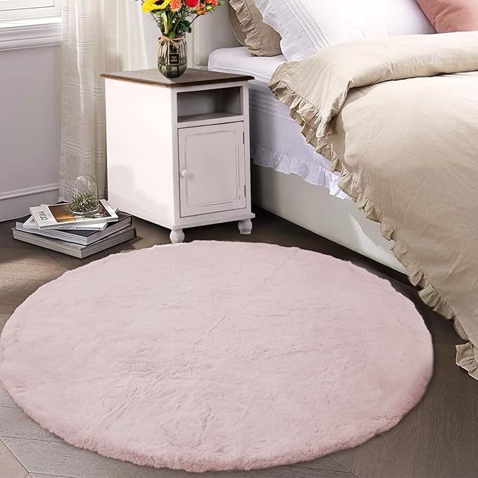 Latepis Faux Rabbit Fur Dorm Rug Light Pink Round Rugs 5ft Fluffy Washable by Latepis