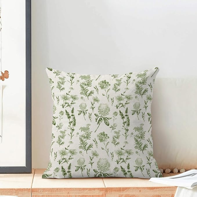 AEIOAE Sage Green Spring Pillow Covers 16x16 Inch Set of 2, Wild Flower Leaves - Image 3