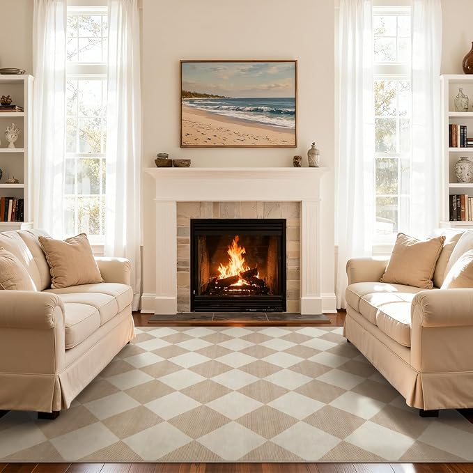Beeiva Checkered Print Living Room Rugs 8x10, Moroccan Beige Washable Area Rug by Beeiva