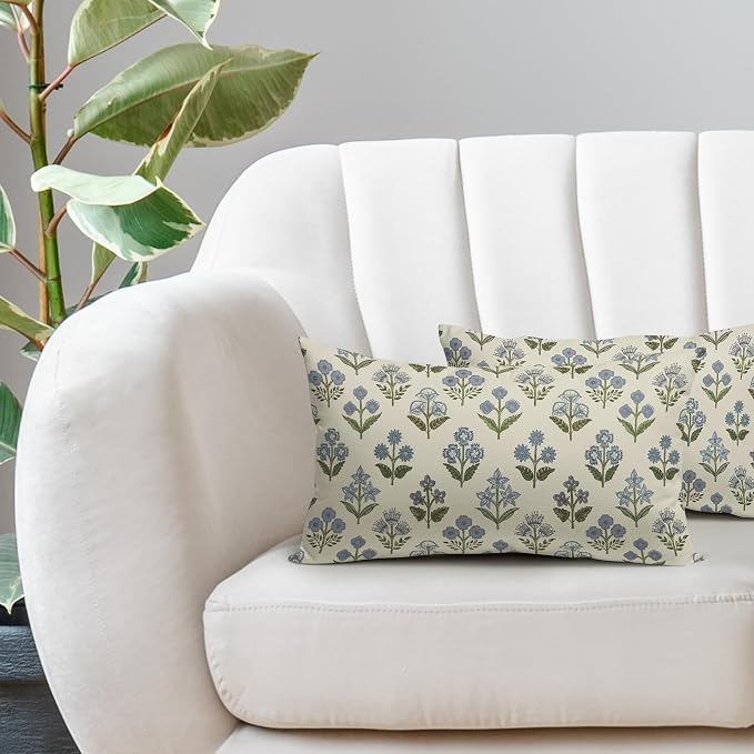 Blue Green Block Print Lumbar Pillow Covers 12x20 Inch Set of 2, Vintage Floral - Image 2