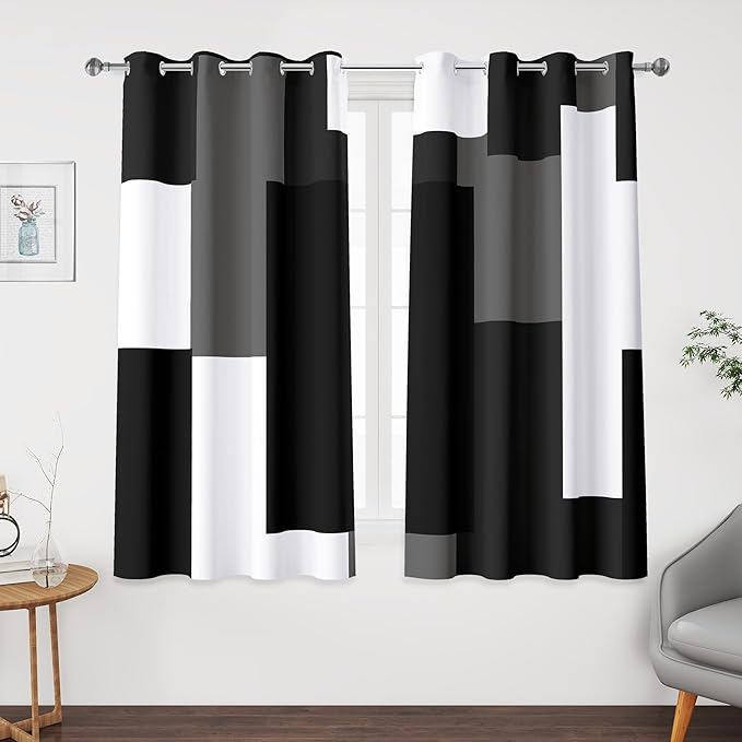 Tyrot Black Grey 100% Blackout Curtains 52 inch Length 2 Panels Set White Grey by TyrotHomeDecor